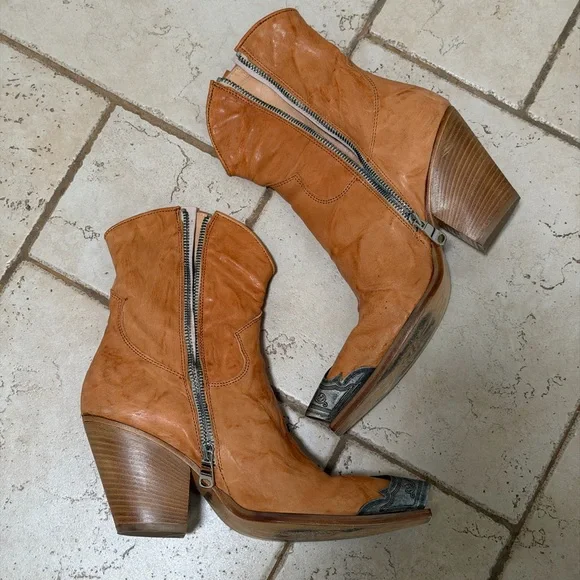 Free People Brayden Western Boots Tan Leather Ankle - Picture 3 of 7